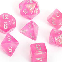 A set of 7 pink dice.